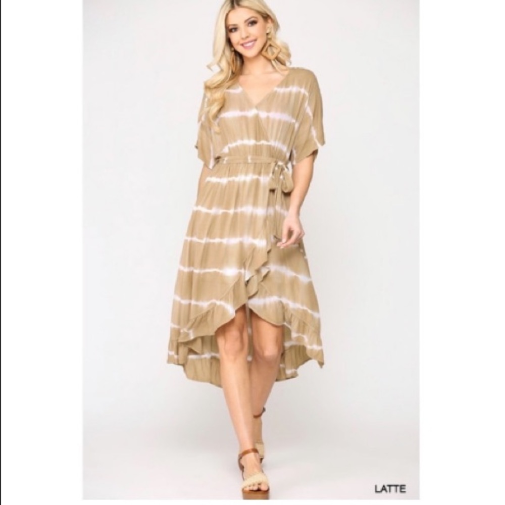 ☕️☕️💐Latte & White Striped Boho MIDI Wrap Dress💐☕️☕️ Boutique New soft☕️☕️💐 - Picture 3 of 7